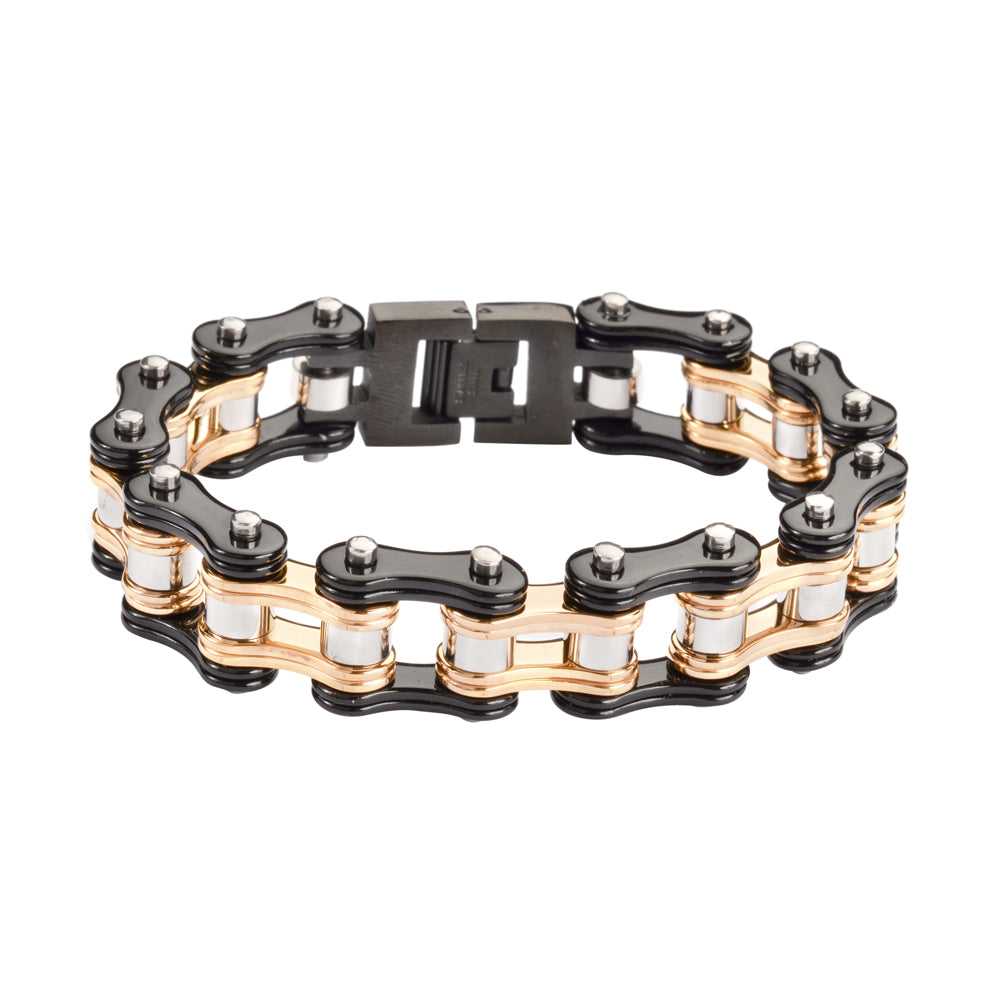 SK1280 Two Tone Black & Gold Double Link Bracelet - 3/4" Wide