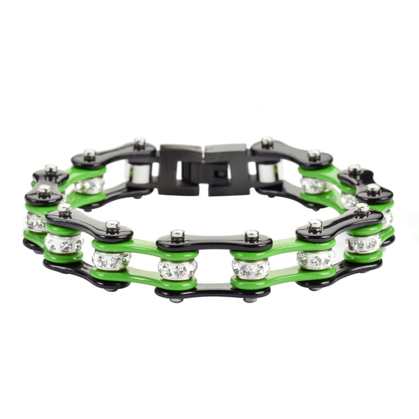 SK1300 1/2" Wide Two Tone Black Green With White Crystal Rollers Stainless Steel Motorcycle Bike Chain Bracelet
