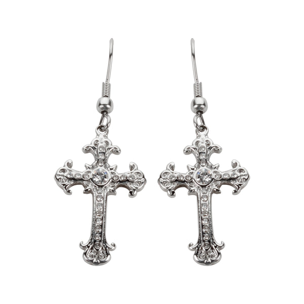 SK1523  Cross Earrings French Wire Silver Tone Imitation Diamonds Stainless Steel Motorcycle Biker Jewelry