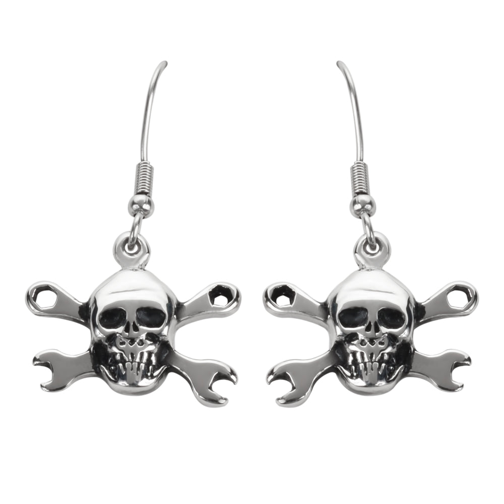 SK1630 Skull Wrenches French Wire Earrings Stainless Steel Motorcycle Biker Jewelry