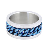 SK1780D Silver/Blue Edition  Gents Cuban Link Spinner Ring Stainless Steel Motorcycle Jewelry  Size 8-15