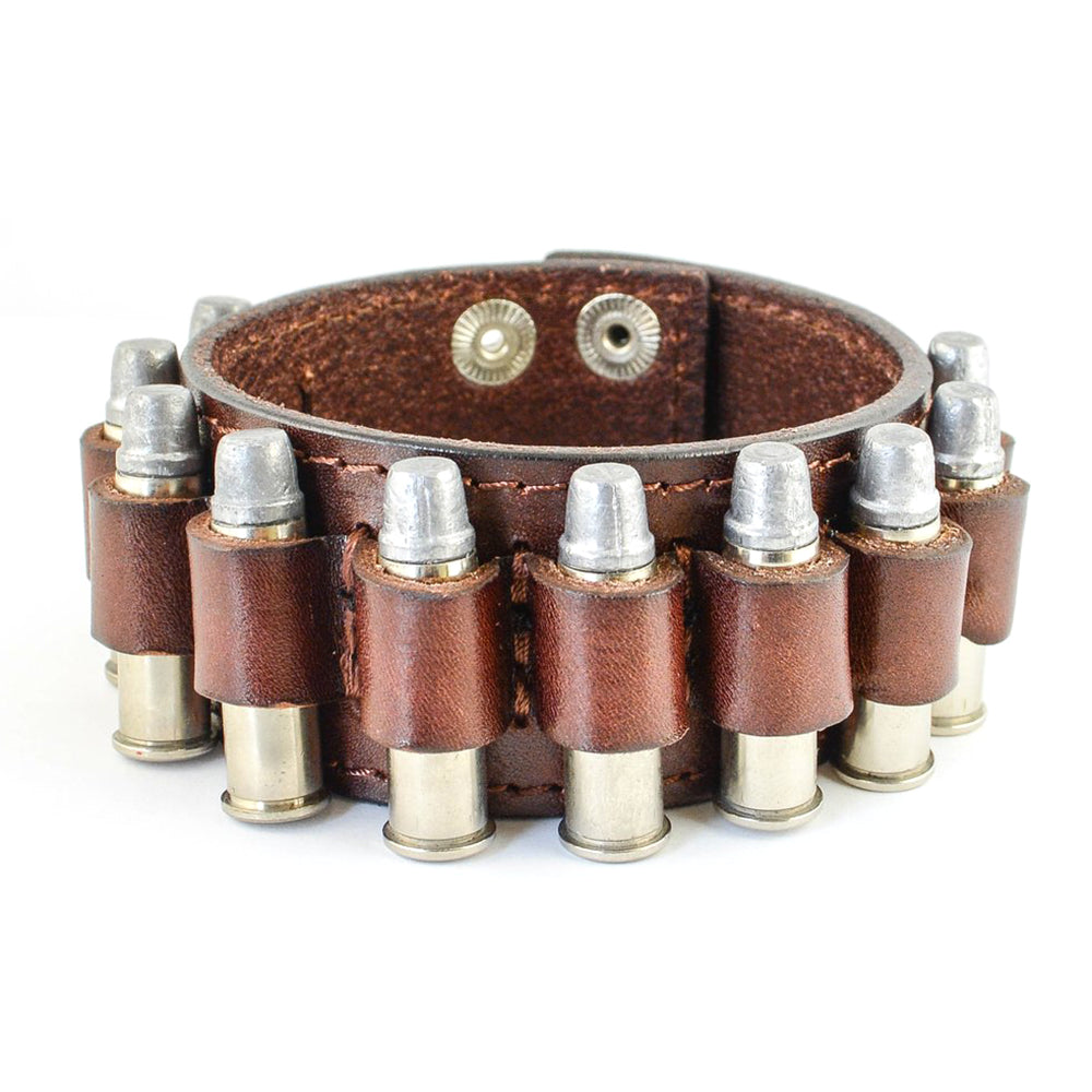 SK2100 Men's Bullet Leather Bracelet BROWN Adjustable 8.5"- 9"
