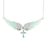 SK2244 Seafoam Green Painted Winged Necklace With Cross White Imitation Crystals