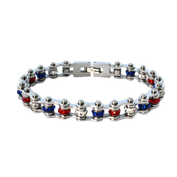 Sk2342 3/8 Wide Mini Size All Stainless With Red White Blue Crystal Centers Steel Motorcycle Bike