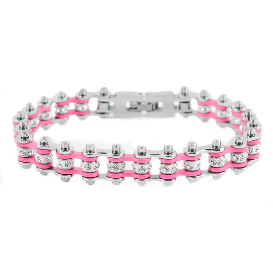 Sk2018 3/8’ Wide Mini Size Two Tone Silver Pink With White Crystal Centers Stainless Steel