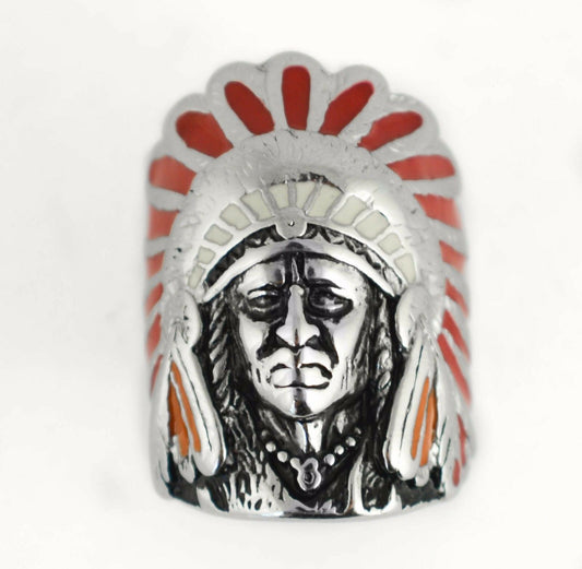 Sk1085 Gents Indian Head Ring With Green Enamel Stainless Steel Motorcycle Jewelry Rings