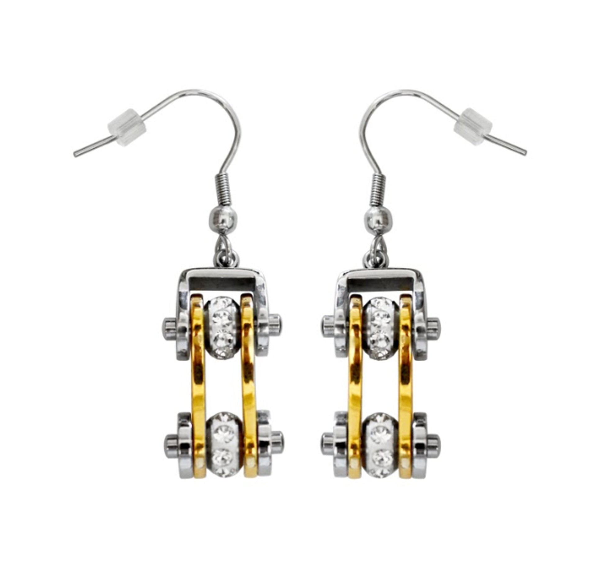 Sk1096E Two Tone Silver Gold With Crystal Centers Bike Chain Earrings Stainless Steel Motorcycle