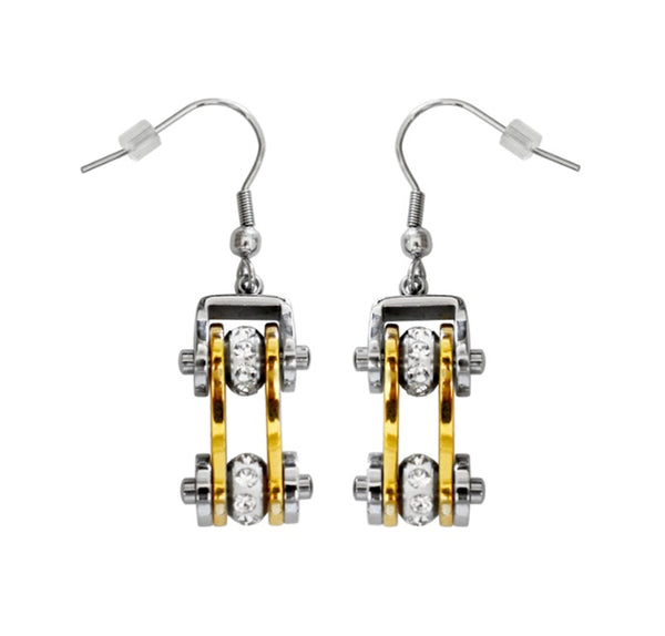 Sk1096E Two Tone Silver Gold With Crystal Centers Bike Chain Earrings Stainless Steel Motorcycle