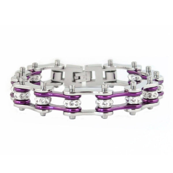 Sk1103 1/2’’ Wide Two Tone Silver Candy Purple With White Crystal Centers Stainless Steel