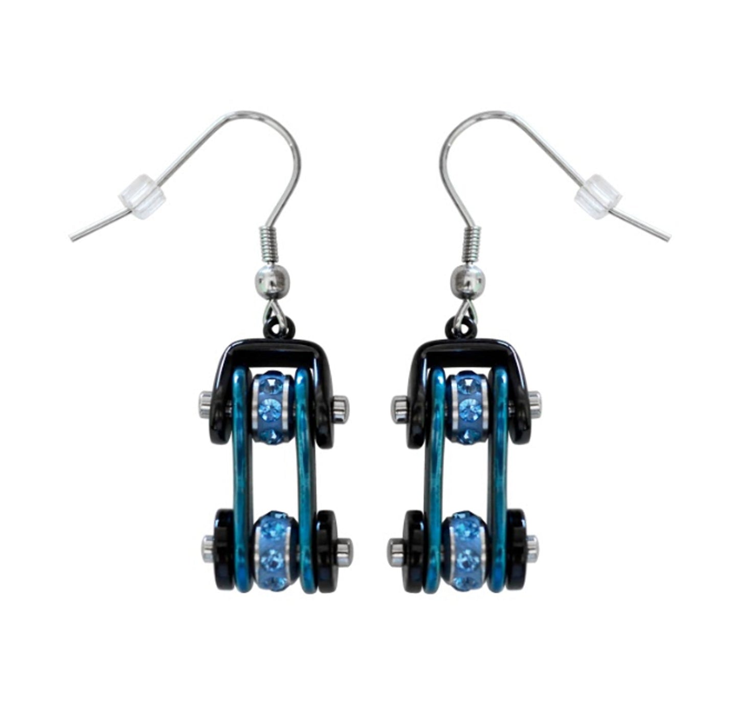 Sk1202E Two Tone Black Blue With Crystal Centers Bike Chain Earrings Stainless Steel Motorcycle