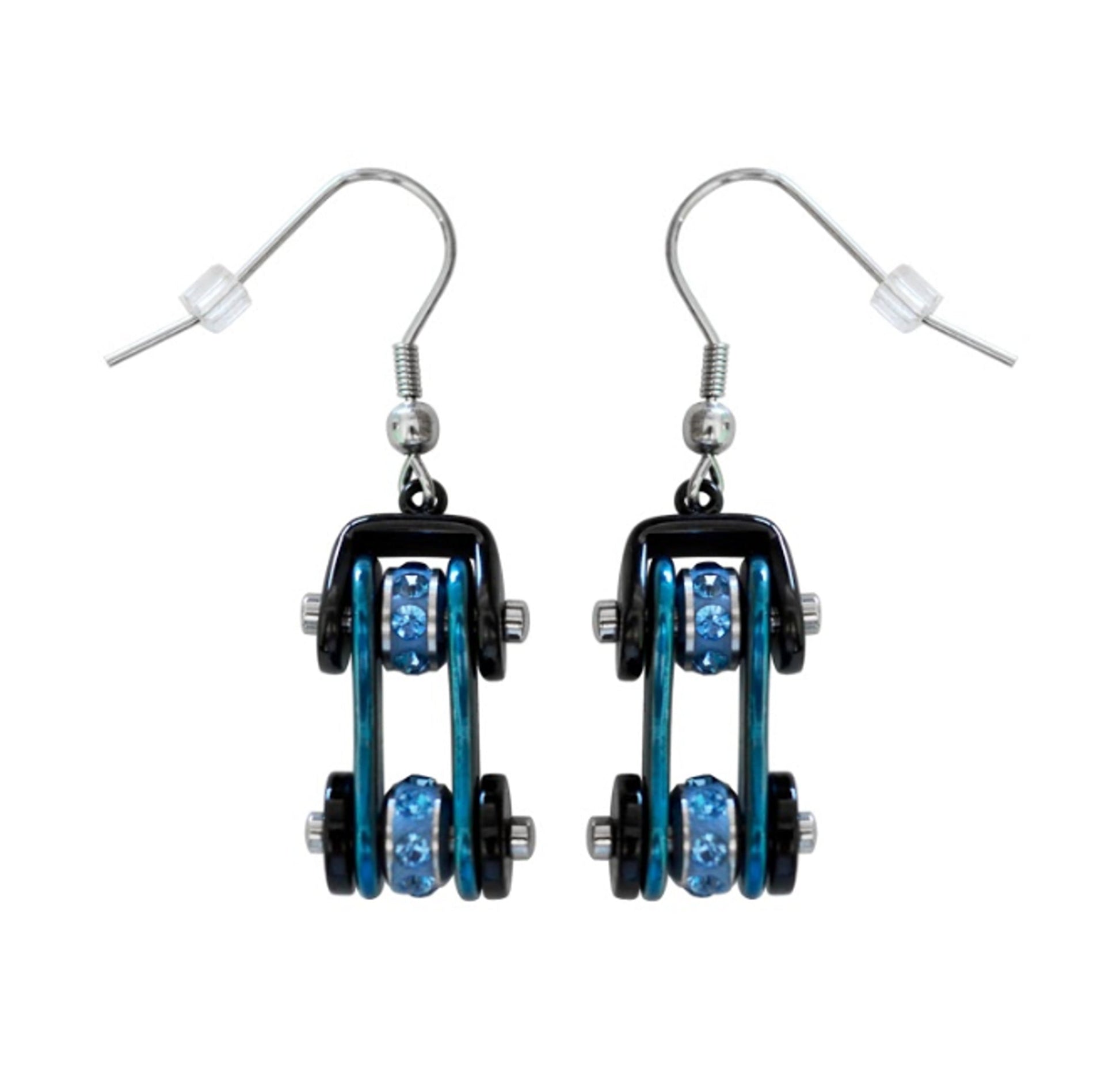 Sk1202E Two Tone Black Blue With Crystal Centers Bike Chain Earrings Stainless Steel Motorcycle