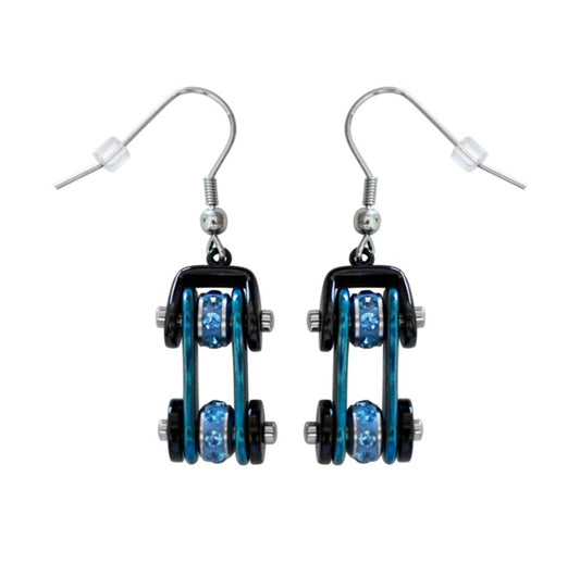 Sk1202E Two Tone Black Blue With Crystal Centers Bike Chain Earrings Stainless Steel Motorcycle