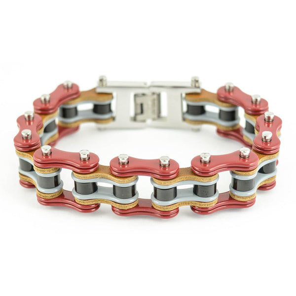 Sk1339 3/4’’ Wide Tri Color Red Grey Black Leather Double Link Design Men’s Stainless Steel