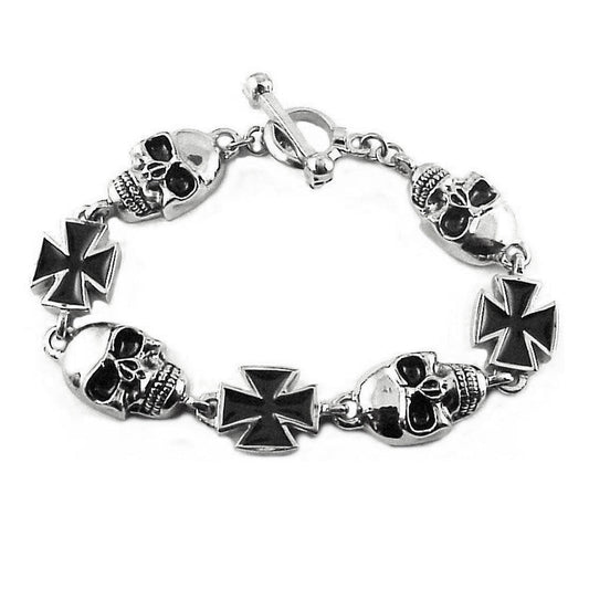Sk1370 Men’s Skull Maltese Cross Bracelet Stainless Steel Heavy Metal Jewelry