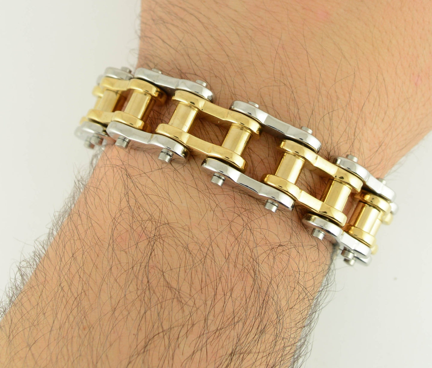 Sk1182 Stainless Gold Rollers 3/4’’ Wide Thick Link Men’s Steel Motorcycle Chain Bracelet