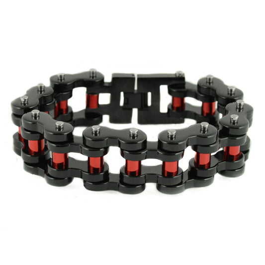 Sk1826 1’’ Wide Black With Red Rollers Thick Stainless Steel Motorcycle Chain Bracelet Men’s