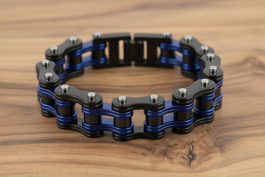 SK1830 Black Blue 3/4" Wide Double Link Design Unisex Stainless Steel Motorcycle Chain Bracelet