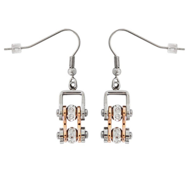 Sk1844E Mini Size Earrings Two Tone Silver Rose Gold With White Crystal Centers Stainless Steel
