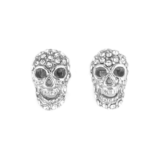 Sk1526 Skull Bling Earrings Silver Tone Imitation Diamonds Stainless Steel Motorcycle Biker Jewelry
