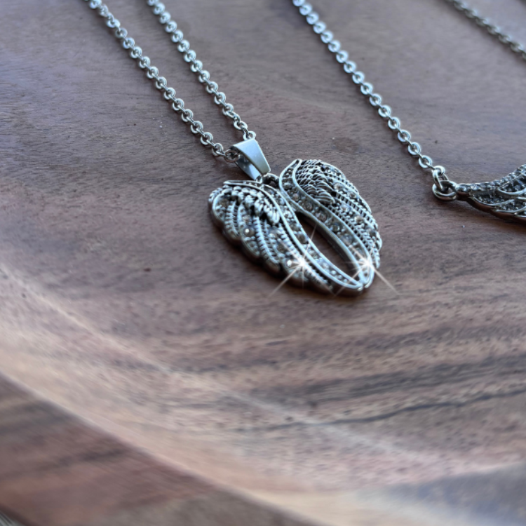 women's heart wings pendant necklace with clear crystal, stainless steel motorcycle jewelry