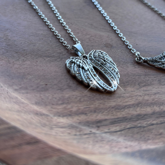 women's heart wings pendant necklace with clear crystal, stainless steel motorcycle jewelry