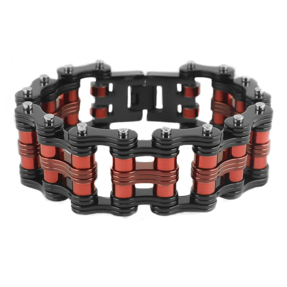 Sk1813 Two Tone Black Red Rollers 1’ Wide Unisex Stainless Steel Motorcycle Chain Bracelet