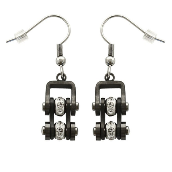 Sk2020E Gunmetal Silver Crystal Centers Bike Chain Earrings Stainless Steel Motorcycle Biker Jewelry