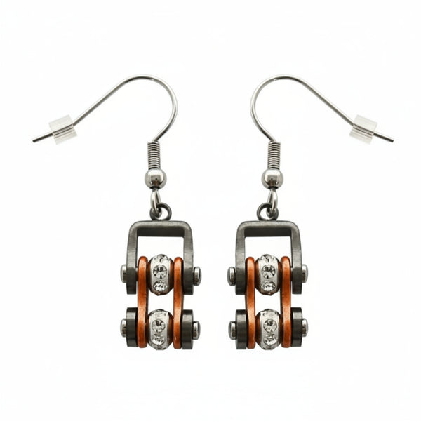 Sk2022E Gunmetal/Beryllium Orange Silver Crystal Centers Bike Chain Earrings Stainless Steel