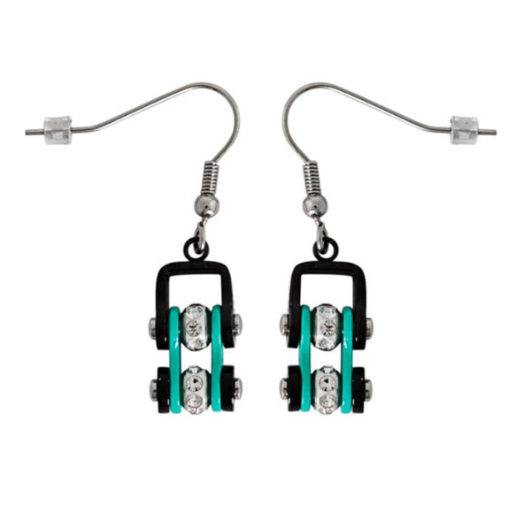 Sk2023E Mini Size Earrings Two Tone Black Aquamarine With White Crystal Centers Stainless Steel