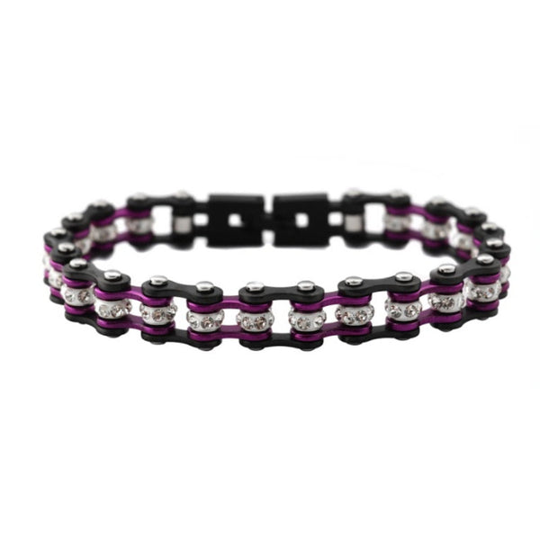 Sk2025 3/8’’ Wide Mini Size Gunmetal/Candy Purple With White Crystal Centers Stainless Steel