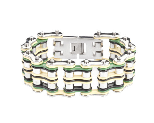 Sk1135 Silver Cream Green Black 1’’ Wide Men’s Bike Chain Bracelet