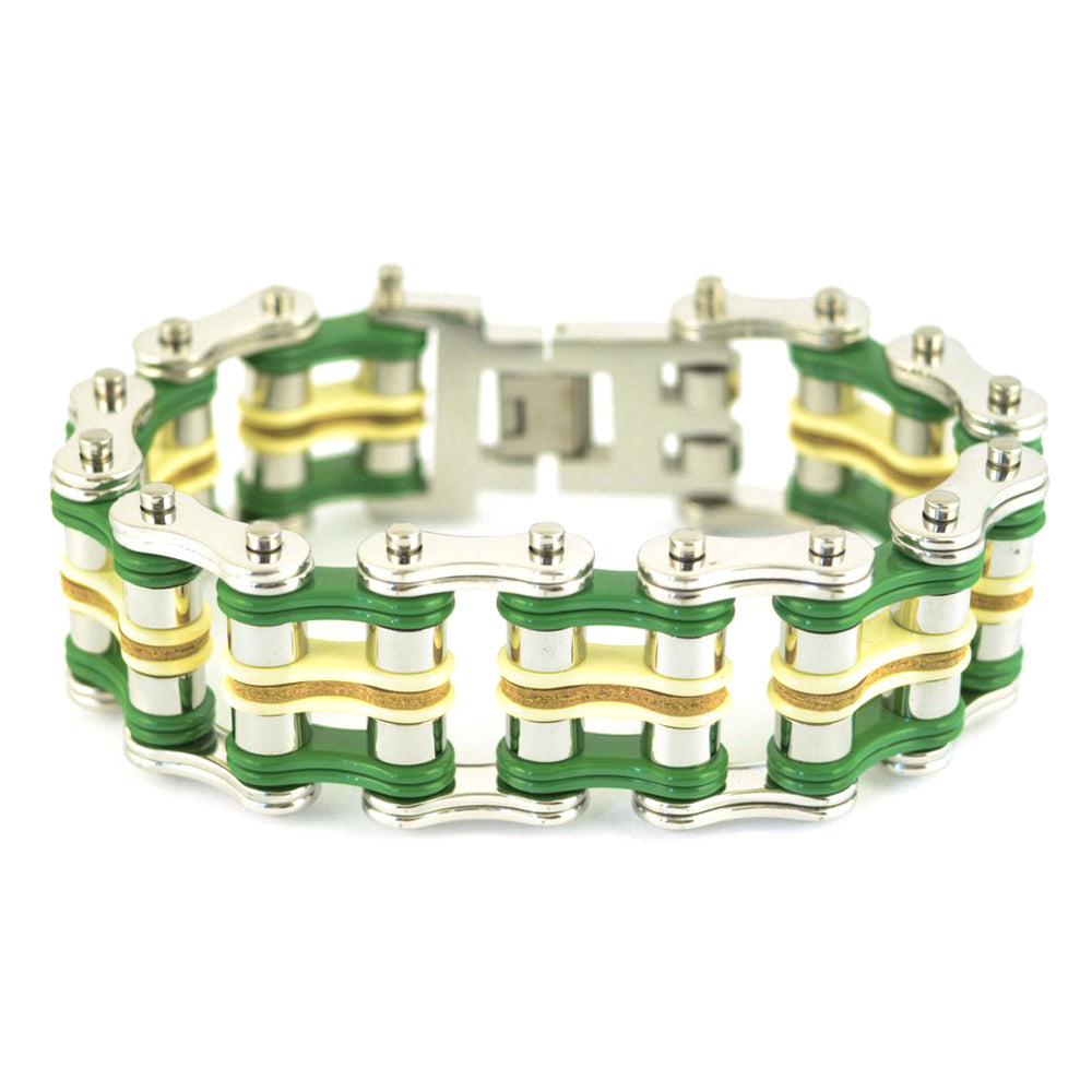 Sk1322 Tri Color 1’’ Wide Silver Green Yellow Leather Men’s Stainless Steel Motorcycle Chain