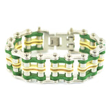 Sk1322 Tri Color 1’’ Wide Silver Green Yellow Leather Men’s Stainless Steel Motorcycle Chain