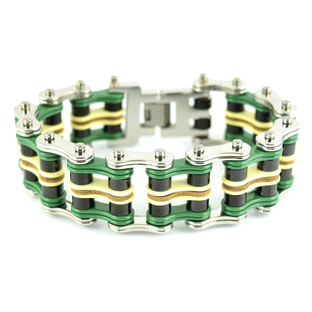 Sk1323 Quad Color 1’’ Wide Silver Green Black Yellow Leather Men’s Stainless Steel Motorcycle