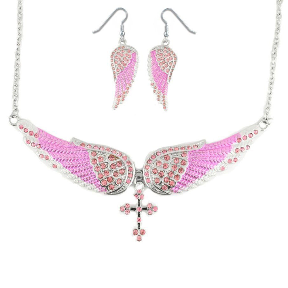 Sk2245B Combo Set Pink Painted Winged Leverback Earring + Cross Necklace Imitation Crystal &