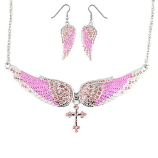 Sk2245B Combo Set Pink Painted Winged Leverback Earring + Cross Necklace Imitation Crystal &