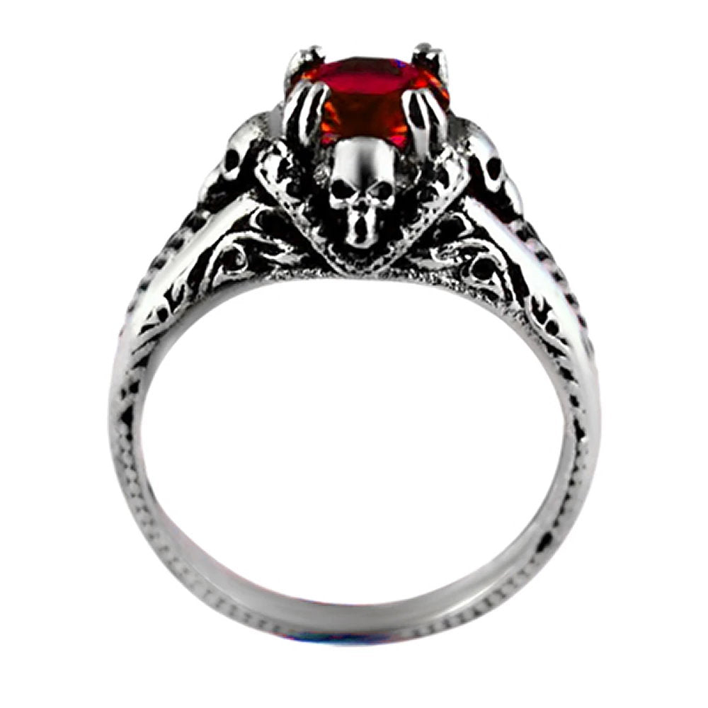 Sk2262 Ladies Solitaire Skull Ring Imitation Red Stone Stainless Steel Motorcycle Biker Jewelry