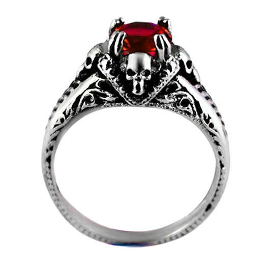 Sk2262 Ladies Solitaire Skull Ring Imitation Red Stone Stainless Steel Motorcycle Biker Jewelry