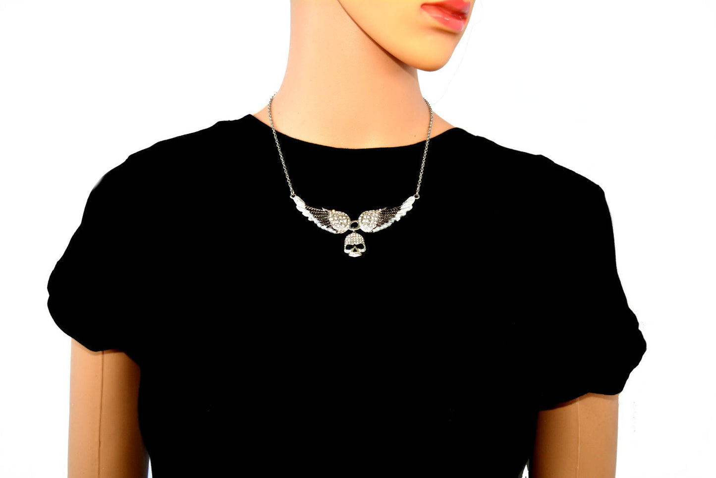 SK2306 Small Black Painted Winged Necklace With Skull White Imitation Crystals Necklaces