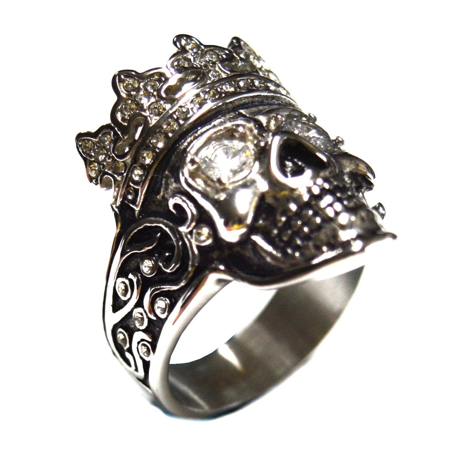 Sk2337 Crowned Skull Imitation Diamond Eyes Stainless Steel Motorcycle Jewelry Size 10-15 Rings
