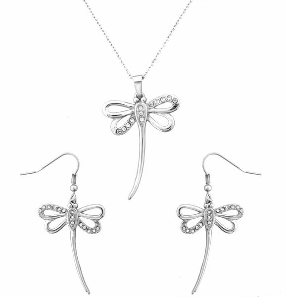 Sk2354 Dragonfly Pendant 19 Chain & Earrings Imitation Diamonds Stainless Steel