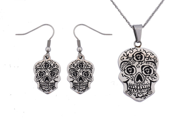Sk2355 Sugar Skull Pendant Matching Earrings With Necklace Stainless Steel Jewelry