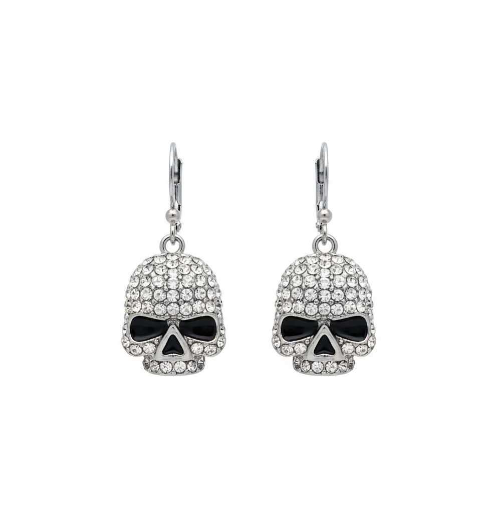 SK2357 Earrings Stainless Steel Skull Embellished Imitation Diamonds Lever Back 5/8" Tall