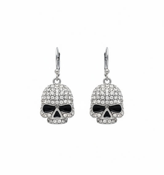 SK2357 Earrings Stainless Steel Skull Embellished Imitation Diamonds Lever Back 5/8" Tall