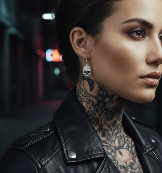 SK2357 Earrings Stainless Steel Skull Embellished Imitation Diamonds Lever Back 5/8" Tall