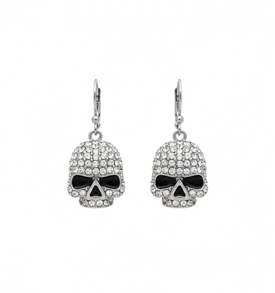 SK2357 Earrings Stainless Steel Skull Embellished Imitation Diamonds Lever Back 5/8" Tall