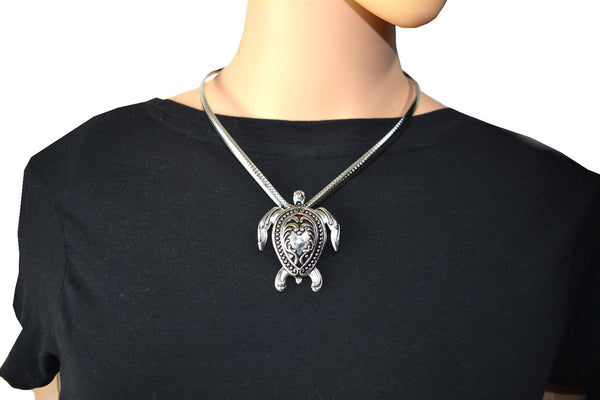 Sk2505 Turtle Pendant Cuff Necklace & Matching Earrings With Ribbed V-Necklace Stainless Steel