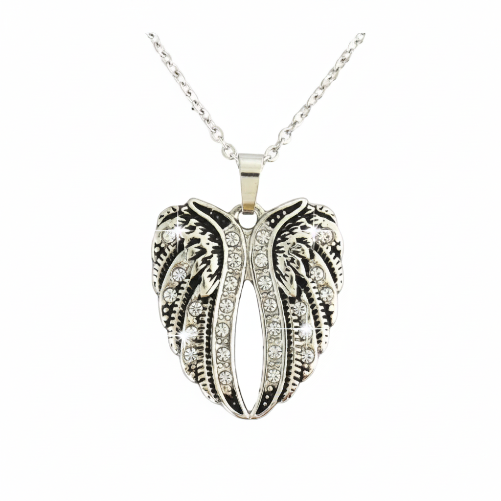 close-up of women's heart and wings pendant necklace, clear crystal stainless steel motorcycle jewelry