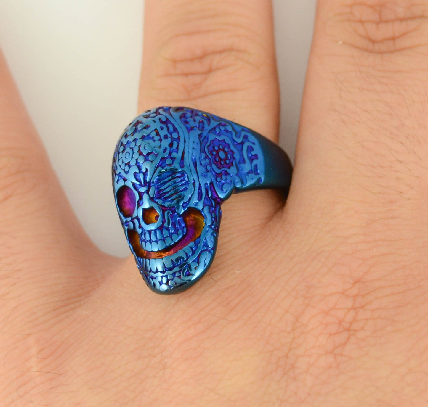 Sk1751 Gents Tattoo’s Gone Wild Ring Blue Anodized Edition Stainless Steel Motorcycle Biker