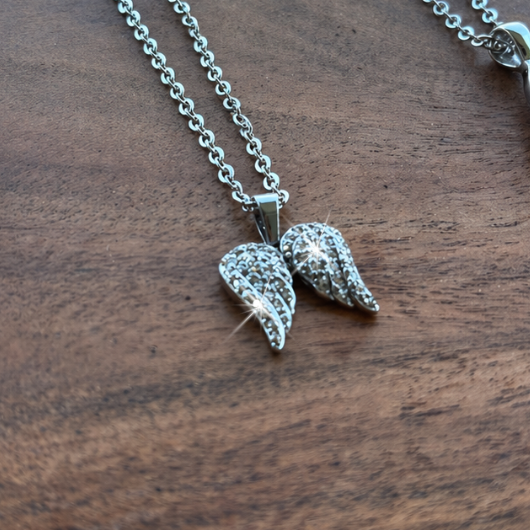 Women’s Double Angel Wing Necklace – Clear Crystal Motorcycle Jewelry